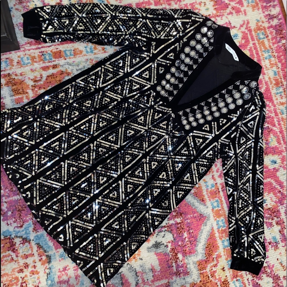 Zara Black and Silver Beaded Sequin Long Sleeve Dress